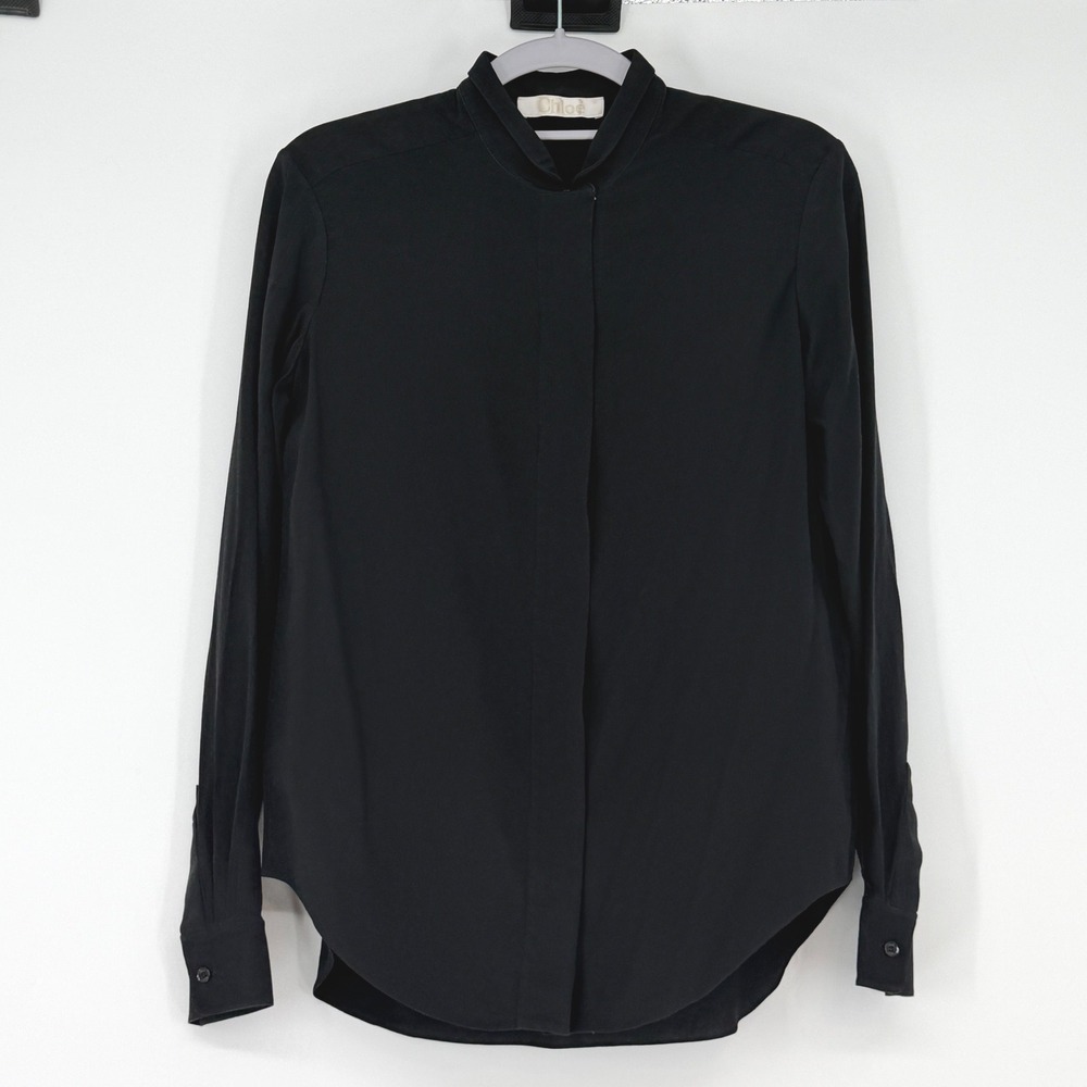 Chloe‎ Womens Black Long Sleeve Silk Blouse High Neck Hidden Placket Top